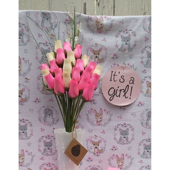 2 Dozen It's A Girl Light Pink and White The Original Wooden Rose Flower Bouquet - Picture 2 of 9